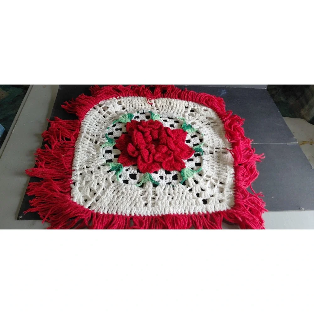 vintage handcrafted crochet 3D rose granny square pillow cover Grandma Decor Art
